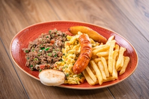 GROUND BEEF WITH FRENCH FRIES, CHORIZO, AND EGGS