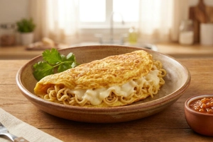 Omelette with noodles and cheese, featuring visible melted cheese and noodles, served in Fairview, NJ at a Colombian