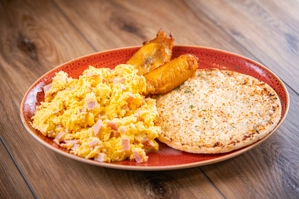 CHEESE AREPA WITH EGGS AND HAM