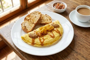 Omelette with pineapple, arequipe, and mustard on a plate, served with toast in Fairview, NJ, Colombian cuisine.