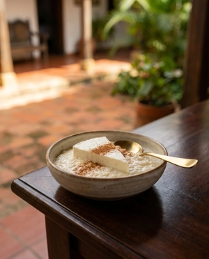 Postre de Arroz con Leche with a slice of quesito and cinnamon in a rustic setting.