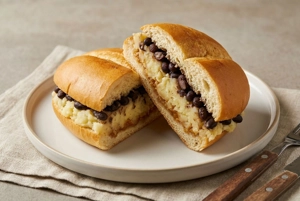 Sandwich with mashed potatoes, black beans, and coconut sweet in Fairview, NJ, Colombian cuisine.