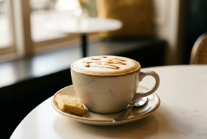 Cappuccino with arequipe, showing frothy milk and caramel drizzle, served in a cup at a Colombian restaurant in Fairview.
