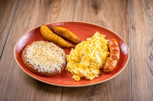 SWEET CORN AREPA WITH EGGS AND CHORIZO